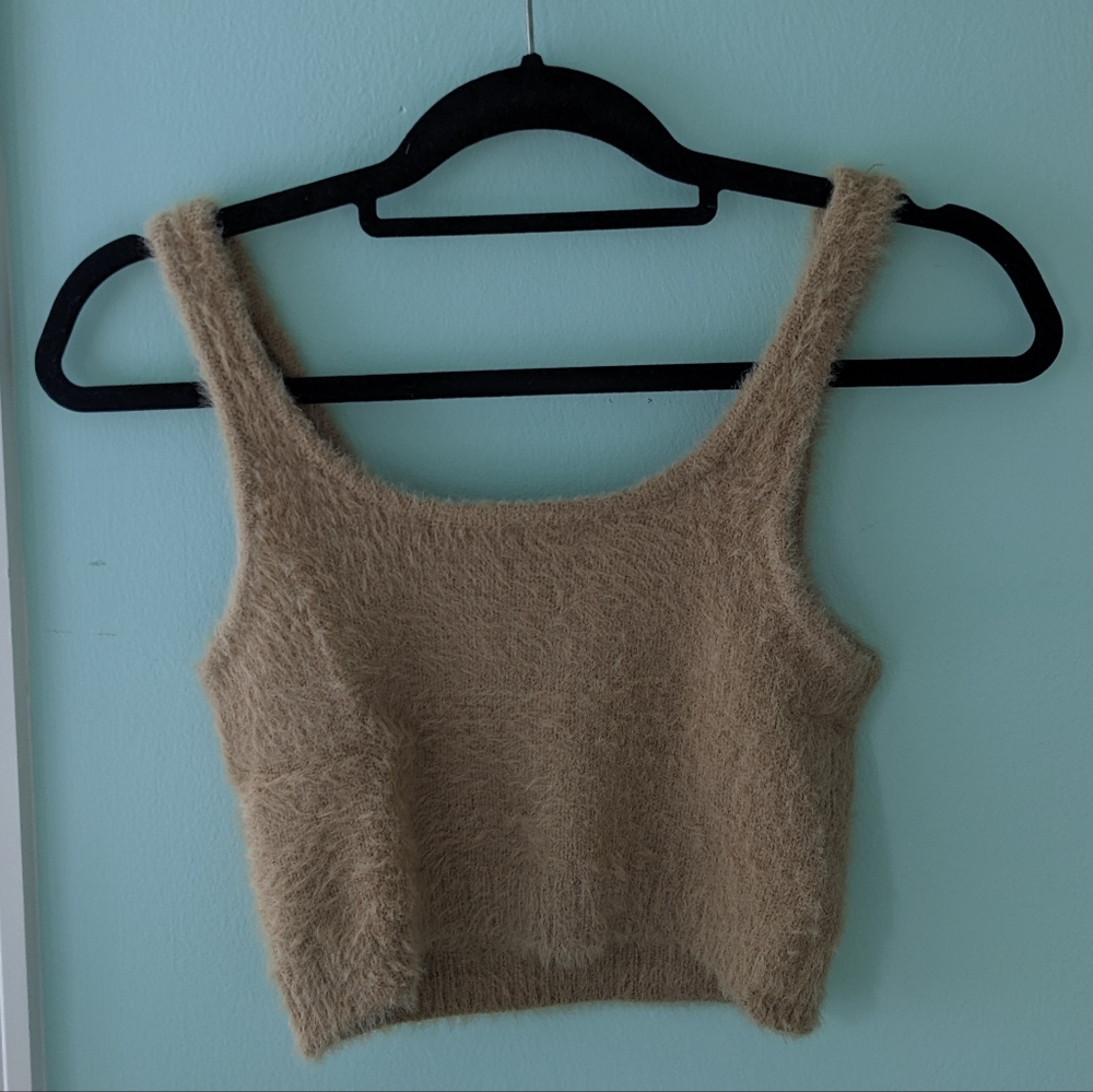 tan fuzzy crop tank top